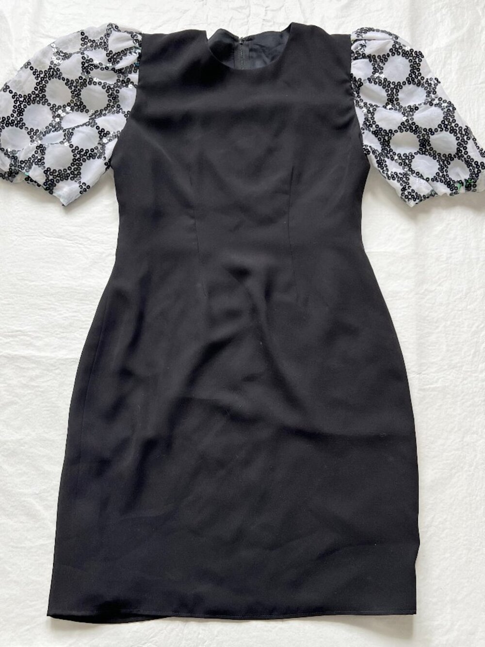 Vintage dress black white puff sleeve sequins sheer mesh Small knee length 90s